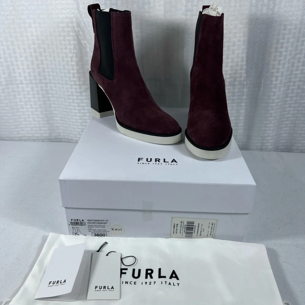 NIB Furla Greta Chelsea Boots Burgundy Suede Size 36 EU Made in Italy